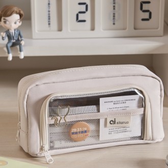 Một bàn chải trang trí màu kem được cung cấp. Hộp đựng bút chì trong suốt có dung lượng lớn.