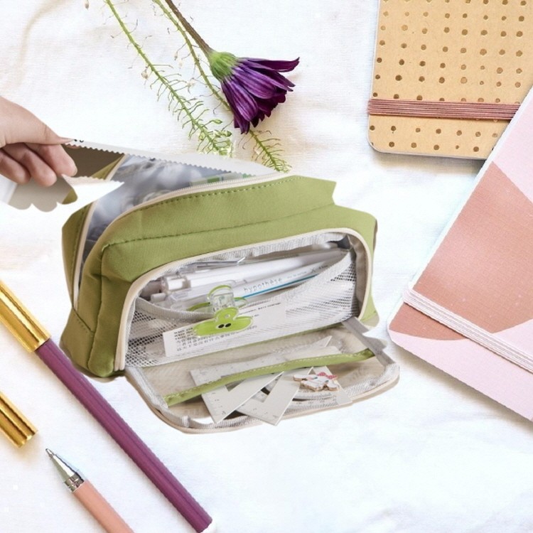 Sản phẩm tốt quà tặng sinh nhật cửa sổ trong suốt hộp đựng bút chì dung tích lớn túi đựng đa năng màu xanh lá cây